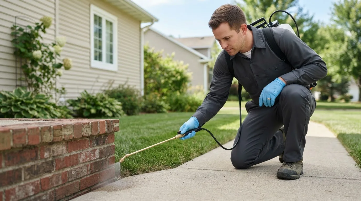 Pest control technician treating a home near Union Center, SD