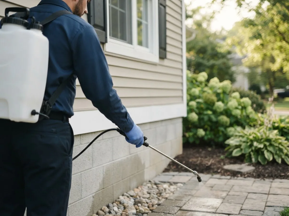 Pest control technician inspecting a home in Union Center, SD